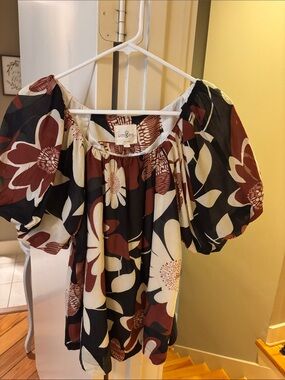 Umgee Black, Rust & Cream Floral Off-Shoulder Peasant Blouse